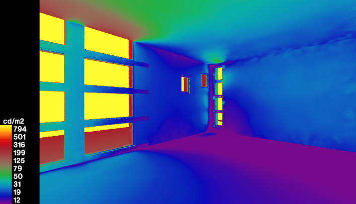 A luminance rendering showing the relative levels of light reflected by various surfaces in the room.